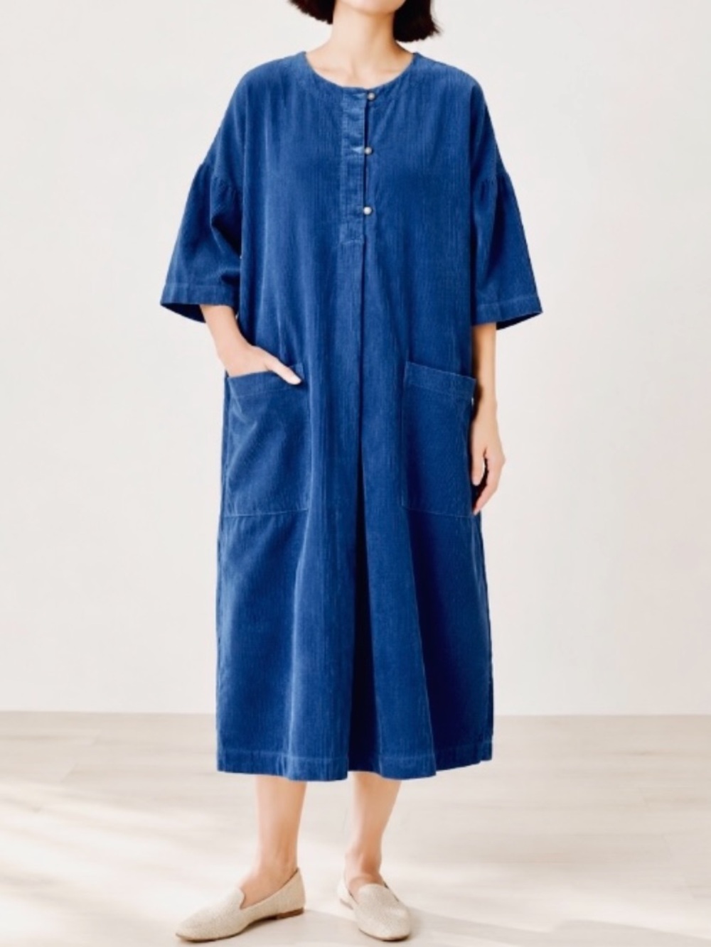Poetry Blue Corduroy Midi Dress Oversized Pleated Front Pocketed 10/Medium